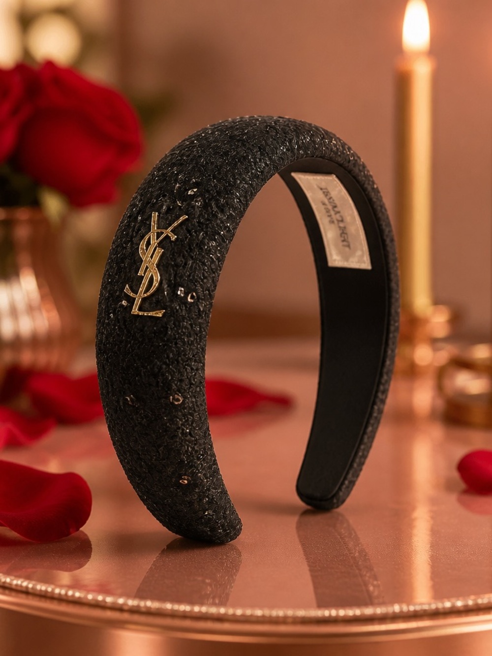 Black Textured Headband with Gold Accent